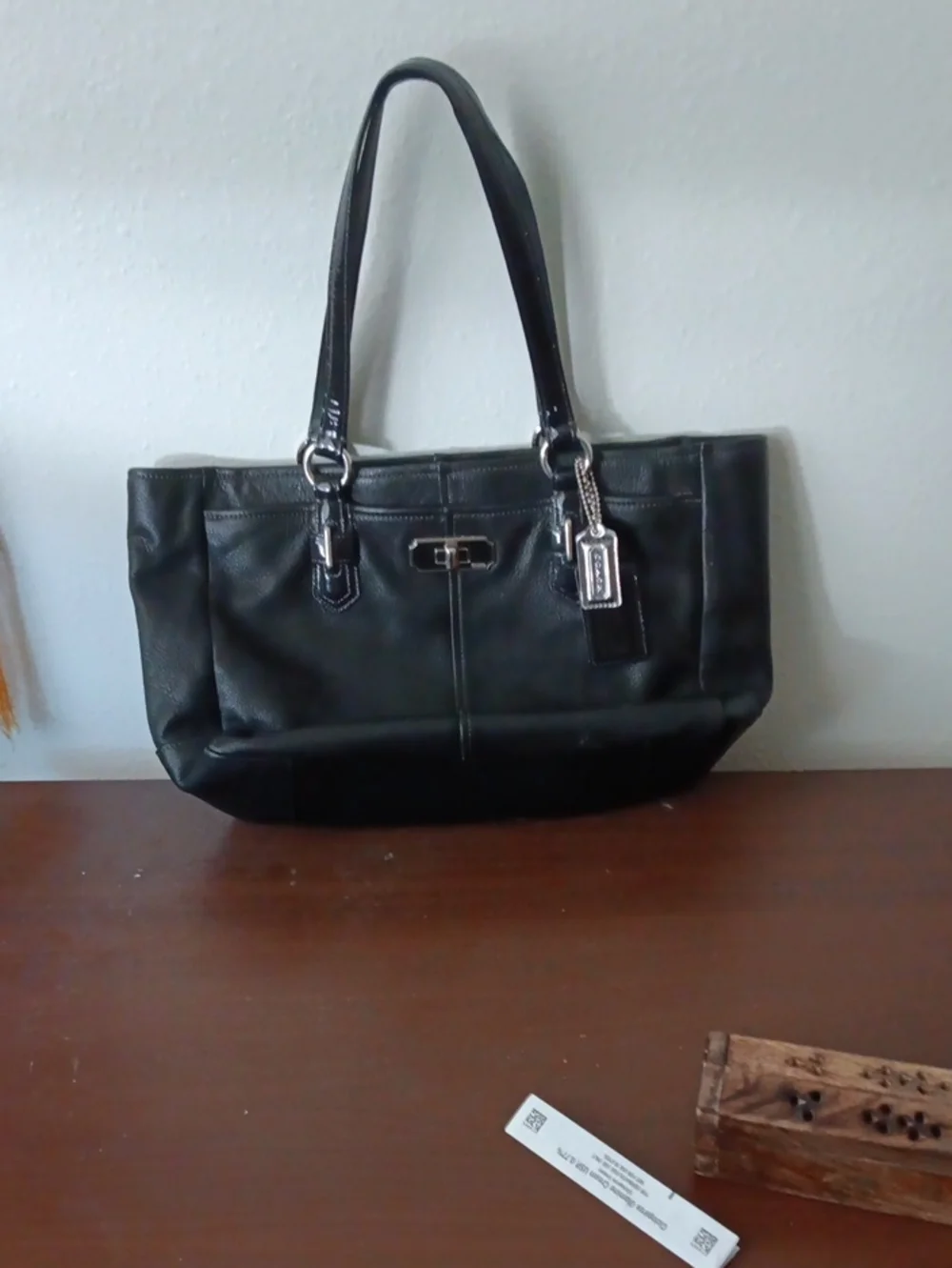 Black Leather Tote Handbag with Silver Hardware
